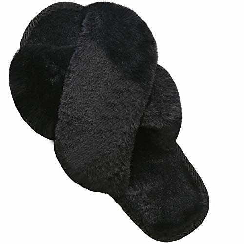 LZLER Women’s Cross Band Slippers, Soft Plush Fleece Lightweight Non Slip Open Toe Flip Flop Shoes House Indoor Outdoor Fu...