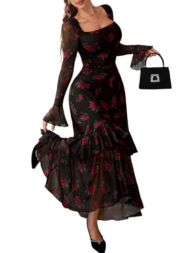 GothDark Women's Floral Mesh Dress Elegant Long Sleeve Square Neck Double Layer Ruffle Hem Casual Wedding Guest Maxi Dresses