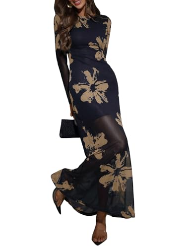 Verdusa Women's Floral Mesh Maxi Dresses Elegant Formal Long Sleeve Spring Wedding Guest Dress Cocktail