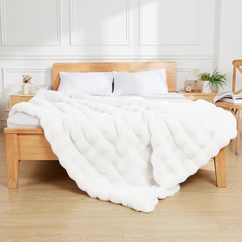 Latepis White Throw Blanket for Couch, Soft Faux Fur Bubble Blankets for Sofa Bedroom Living Room, Cozy Warm Fluffy Blanke...