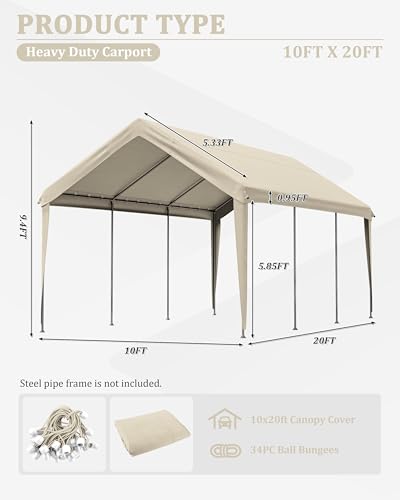 10 X 20 Ft Canopy Replacement Cover Heavy Duty Waterproof UV & Tear Resistant Car Tarp Canopy Tent Garage Top Shelter Oxfo...