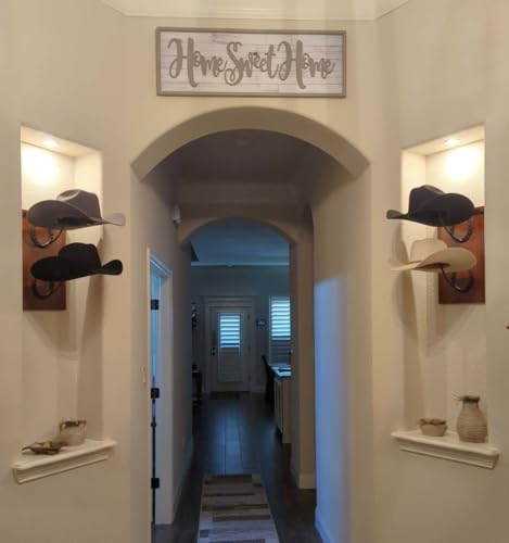 R828 Ranch Cowboy Hat Rack For Wall Mount (34.6” x 10.1” x 13.5”) | Wood Cowboy Hat Holder | Hanging Western Hat Rack w/Metal Accents | Customizable Hat Organizer w/Handmade Horseshoe Mounts