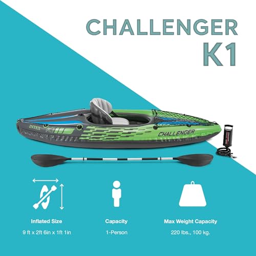 Intex Challenger K1 1 Person Durable Vinyl Streamline Sporty Kayak with Inflatable Seat and Backrest, Oar, Pump, Carrying ...