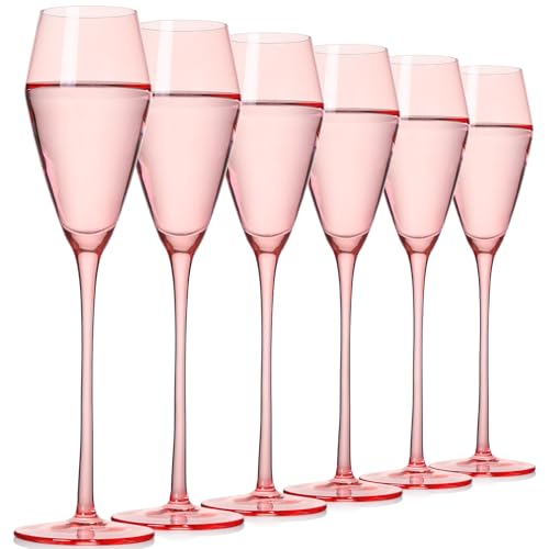 JOVGANG Pink Champagne Flutes Set of 6-7.5oz Hand-Blown Lead-Free Crystal Champagne Glass, Wedding Champagne Flutes, Date ...