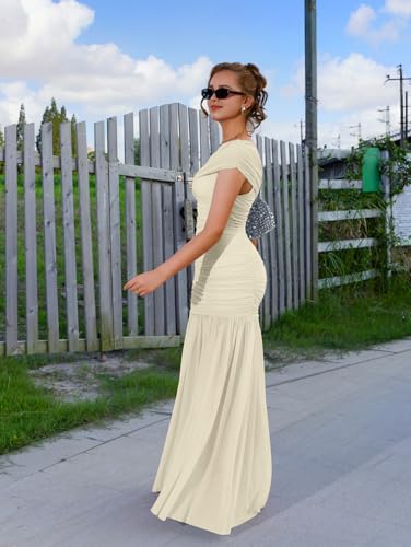 LAGSHIAN Women's Elegant Formal Long Dress One Shoulder Sleeveless Ruched Bodycon Evening Dress