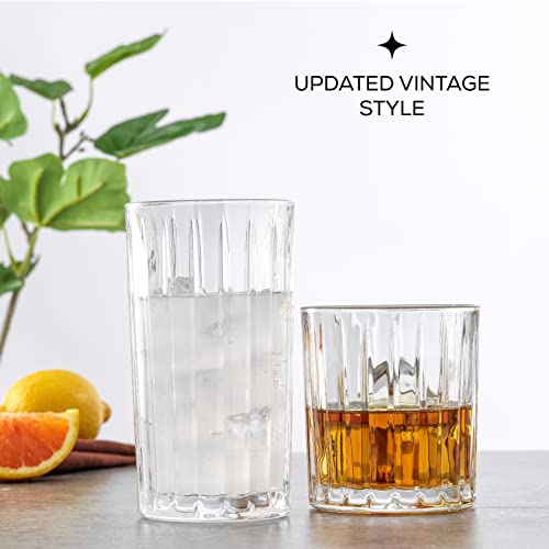 JoyJolt Drinking Glasses Set of 8, Alina Ribbed Glassware. 12oz Rocks Glass and 14oz Highball Glass set. Cocktail Glasses,...