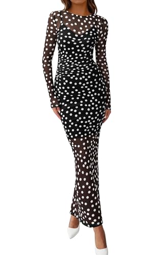 BTFBM Spring Dresses for Women 2026 2 Piece Set Long Sleeve Polka Dot Sexy Bodycon Mesh Dress and Slip Dress Wedding