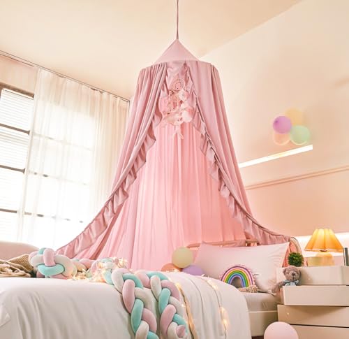 Mengersi Bed Canopy for Girls,Ruffled Canopy Bed Curtains Canopy for Girls Room,Hanging Canopy Princess Play Tent for Read...