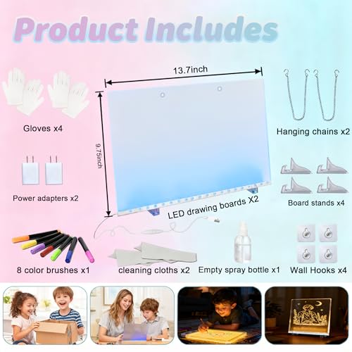 2026 LED Drawing Board for Kids Ages 6+, 2 Pack 13.7"x9.75" Plug-in Light Up Dry Erase Note Boards with Colors, 7 Color Mo...