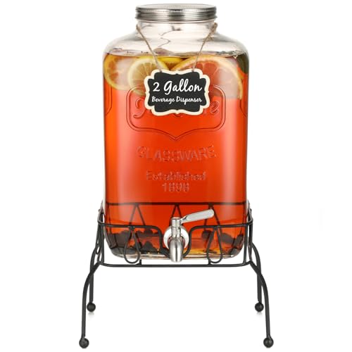 2 Gallon Glass Drink Dispenser with Stand, Stainless Steel Leakproof Spigot and Lid, Glass Drink Dispensers for Parties, W...