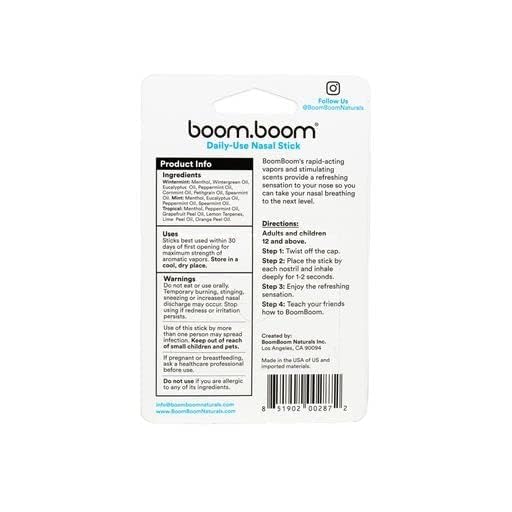 BoomBoom Nasal Stick | Vapor Flow Technology | Cool Refreshing Sensation | Natural Mood Boost | Simple Ingredients | Essential Oils + Menthol Inhaler (Mint, Wintermint, Tropical)