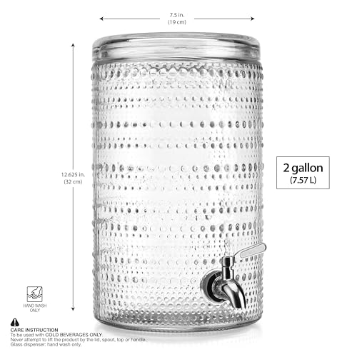 Glavers 2 Gallon Beverage Dispenser Clear Glass Hobnail Beaded Jug, Tight Lid, Side Press Stainless Steel Spigot. Cocktail...