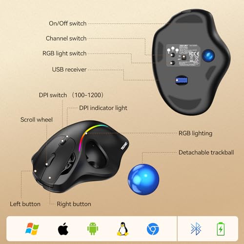 TECKNET Pro Wireless Trackball Mouse, Bluetooth Mouse with Ergonomic Thumb Control, USB-C Rechargeable, RGB Light Mice wit...