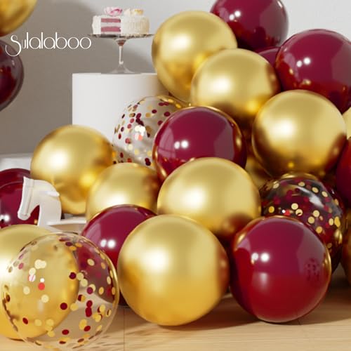 Sulalaboo Metallic Burgundy and Gold Balloons 12 Inch 73PCS Gold Maroon Confetti Latex Balloons Shiny Helium Balloon Set f...