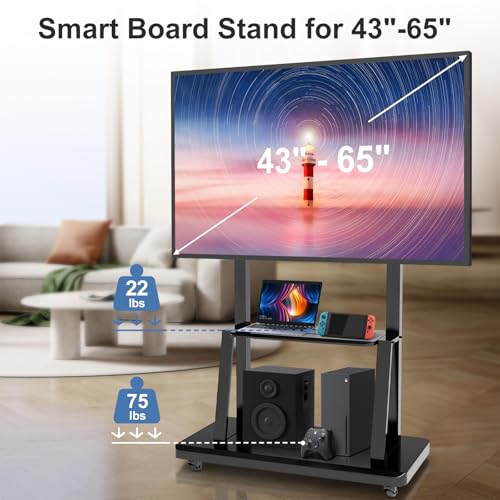 43-65" Height Adjustable Mobile Stand for Smart Boards | with 4 Lockable Wheels & Universal Mount | Versatile Classroom, H...