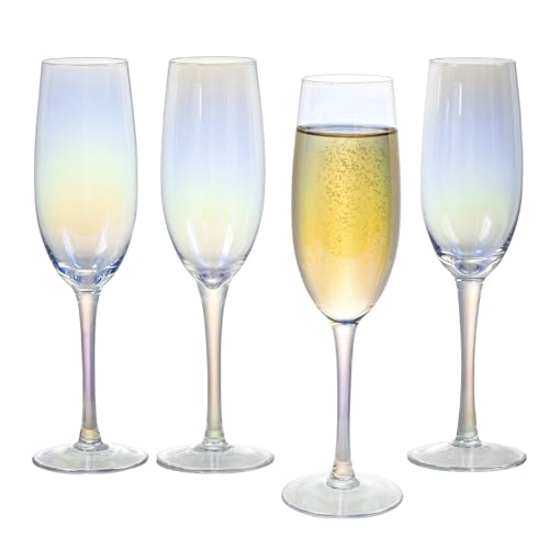 MyGift 7 oz Iridescent Stemmed Champagne Flute Glasses, Bubble Tone Rainbow Party Toasting Glasses, Set of 4