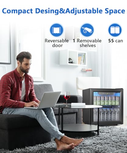 Joy Pebble Beverage Refrigerator Cooler 1.3 Cu.Ft, 12 Bottle 55 Can - Mini Fridge with Glass Door for Beer Drinks Wines,Fr...