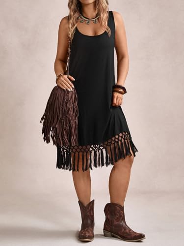 Verdusa Women's Plus Size Fringe Cowgirl Dress Boho Flowy Tassel Sleeveless Midi Dresses