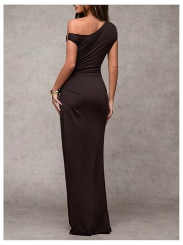 Verdusa Women's Off The Shoulder Wedding Guest Dress Asymmetrical Ruched Sleeveless Maxi Dresses