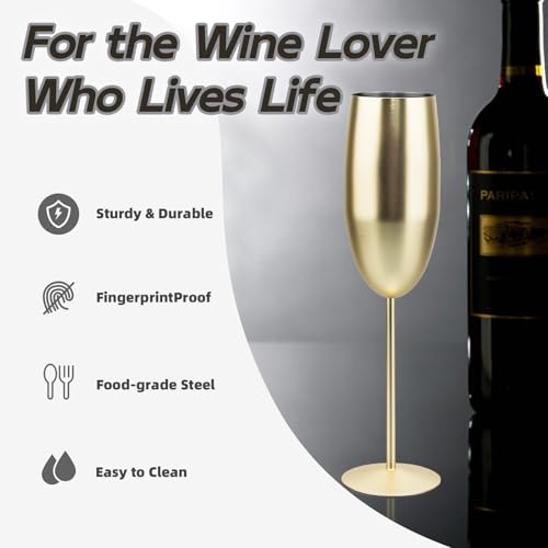 MeowvCraft Champagne Glasses Stainless Steel Set of 4, 8.5oz Champagne Flutes-Elegant Wedding Unbreakable Wine Cups Gifts ...