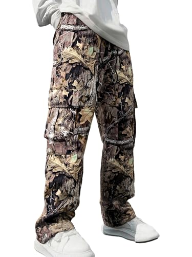 Men's Autumn Camo Tactical Straight Leg Pants - Foliage Pattern Outdoor Survival Trousers for Huntin