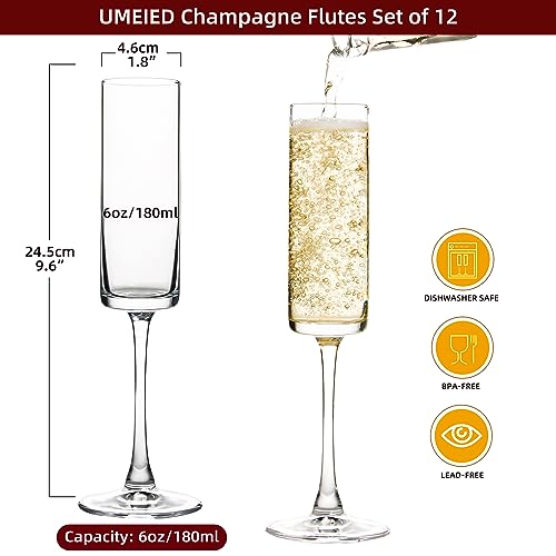 UMEIED 6 Oz Edge Champagne Flutes Set of 12, Long Stemmed Crystal Clear Champagne Flute Glass Set, Sparkling Wine Glasses ...