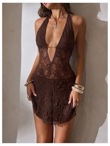 Verdusa Women's Y2k Vintage Western Lace Sheer Dress Backless Sleeveless Halter Dresses Festival Outfits