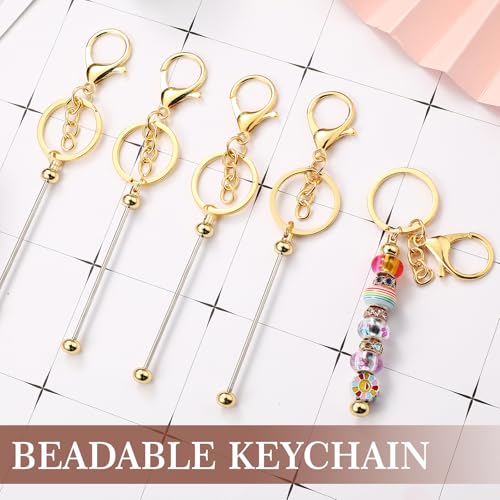 Tondiamo 24 Pcs Beadable Keychain Bars Bulk Beads for Keychain Making Kit Gifts for Women Men DIY Crafts(Gold)