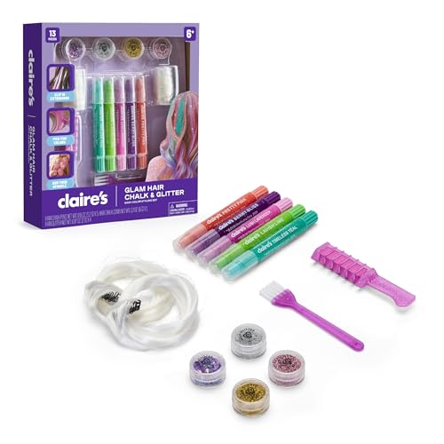 Claire's Hair Chalk & Glitter Styling Kit, 13-Piece Temporary Hair Color Set with Washable Chalk Pens, Glitter Gels, Clip-...
