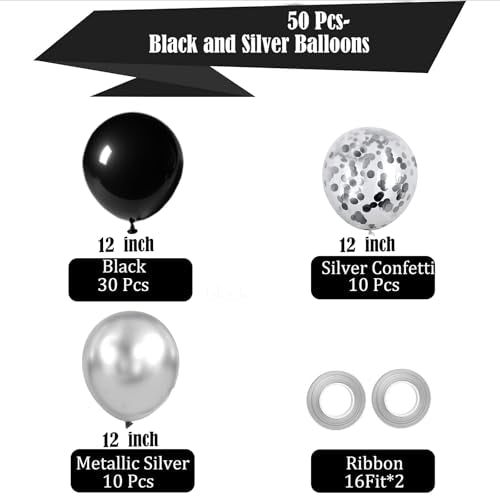 LuhcXbs Black Silver Confetti Balloons, 50pcs 12-inch, Unisex Adults, Party, General Celebration, Black Silver, Round, Ver...