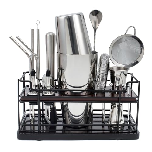 Boston Cocktail Shaker Set with Stand, 20-Piece Complete Bartender Kit for Home Bar Use, Essential Bar Set with 18oz & 28o...