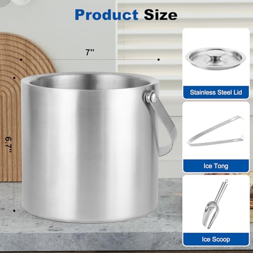 3L Stainless Steel Ice Bucket – Double-Wall Insulated Cooler Keeps Ice Frozen Longer for Wine, Champagne & Beer,Includes L...