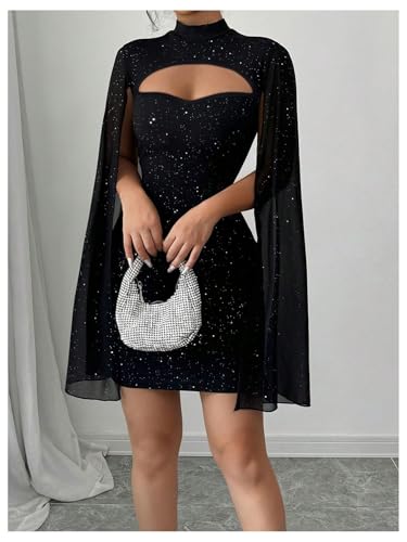 IQLWI Women's Sequin Cloak Sleeve Dress Mock Neck Cocktail Long Flowy Sleeves for Going Out Fromal Prom Party