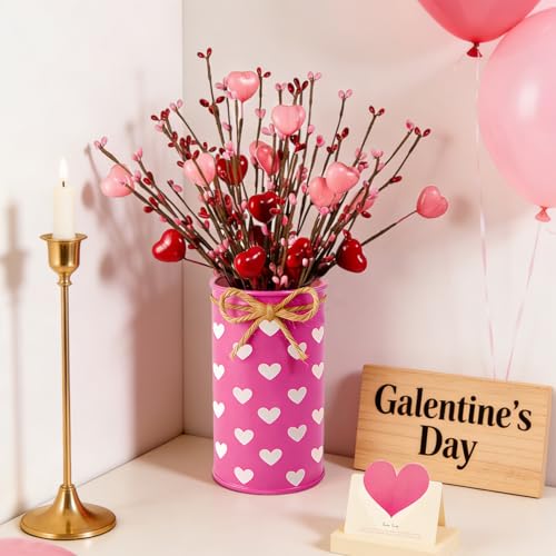 Aovaely Valentine & Galentine's Day Table Centerpiece Decor, Artificial Heart Flower Stems with Metal Pots, Valentines Gal...