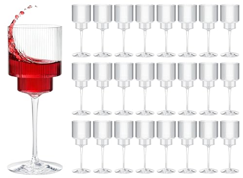 24PCS Ribbed Plastic Wine Glasses - 12oz Unbreakable Wine Glasses with Stem, Disposable Clear Plastic Champagne Cups with ...