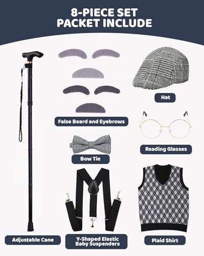 LUMIDEXA Kids 100 Days of School Costume for Boys, 8pc Old Man Costume Set, Grandpa Cosplay Parties with Many Parts