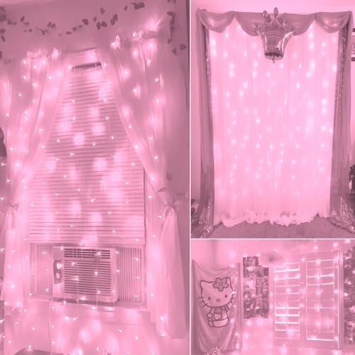 amadecohome Curtain Lights, Pink Room Decor 8 Modes LED String Lights for Garden, Teen Girls' Room, Party, Window, Wall an...