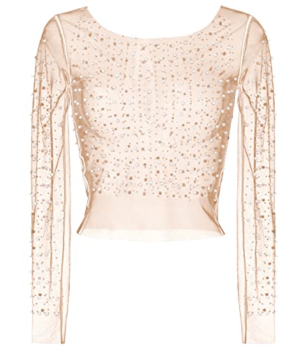 Women's Pearl Rhinestone See Through Long Sleeve Mesh Blouse One Piece Cover Up Halloween Festival Crop Top