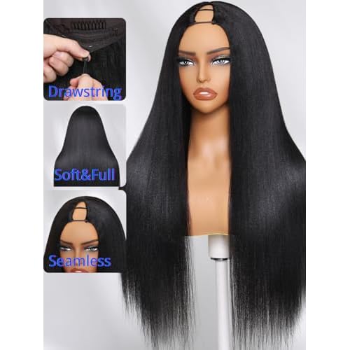 Nadula EasiContour V Part Yaki Straight Human Hair No Leave Out Clip in V-part Wig,12A Glueless Upgrade U Part Light Kinky Straight Human Hair Wig 180% Density with Elastic Drawstring 14inch