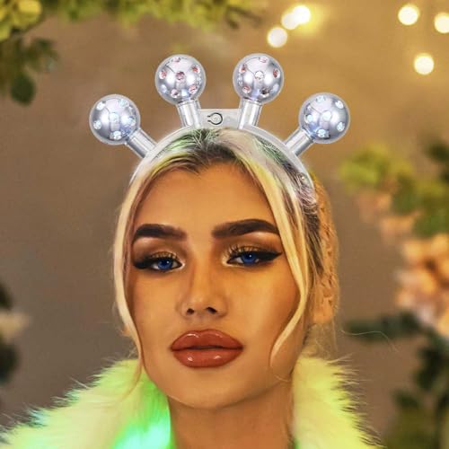 DRESBE Light Up Disco Ball Headband Silver LED Headbands Glow Party Hair Accessories for Women