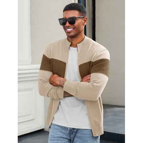 Runcati Mens Full Zip Cardigan Sweater Casual Knit Stand Collar Cardigan Slim Fit Color Block Fall Winter Sweaters
