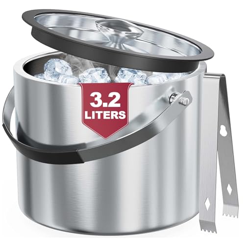 3.2L Insulated Ice Bucket for Parties & Cocktail Bar，Double Wall Stainless Steel Wine Bucket with Lid & Tongs,Ideal for Ch...