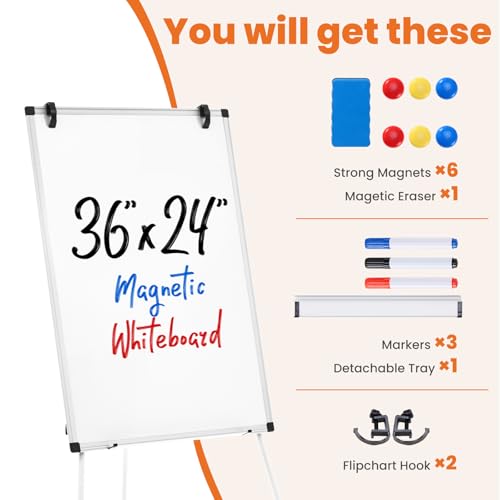 Sweetcrispy Whiteboard Easel 36 x 24 Inches, Magnetic Dry Erase White Board, Portable Boards Height Adjustable, Dry Erase ...