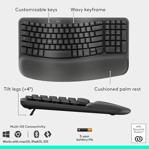 Logitech Wave Keys & Lift Vertical Mouse - Ergonomic Wireless Keyboard and Mouse Combo - with Cushioned Palm Rest, Easy-Sw...