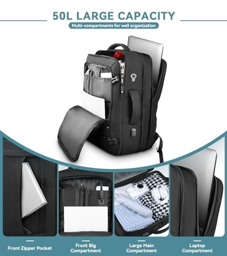 AREYTECO Travel Backpack, 50L Expandable Extra Large Laptop Backpack, Carry On Backpack Water Resistant Business Suitcase ...