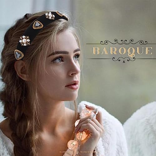 Coridy Black Baroque Headbands Pearl Rhinestones Wide Headband Velvet Jeweled Hair accessories for Women (Elegant)