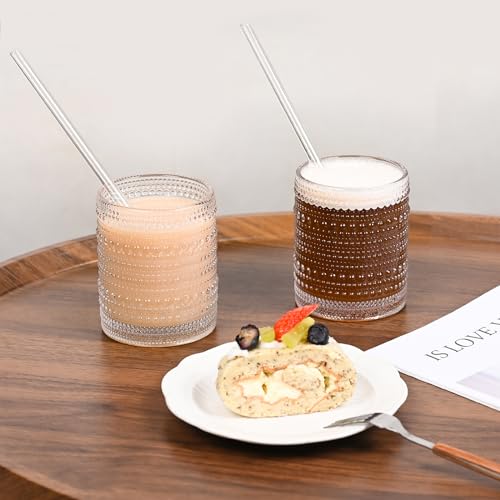 Amyoole 12oz Hobnail Drinking Glasses Set of 6,Clear Vintage Glassware Embossed Water Tumbler,Cocktail Glass Cups for Bee...