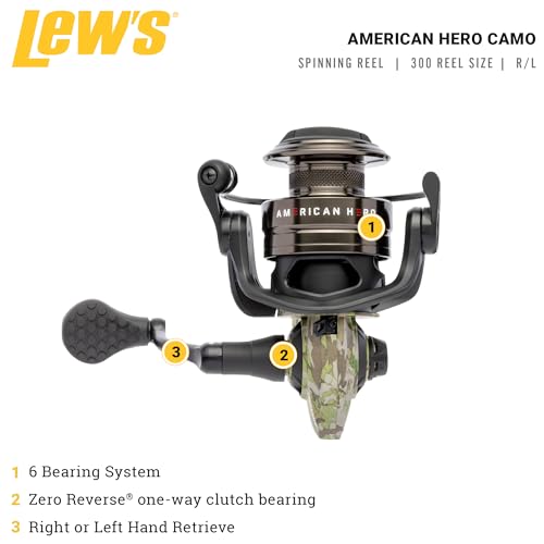 Lew’s American Hero Camo Spinning Fishing Reel, 5+1 Bearings, 6.2:1 Gear Ratio, One-Piece Graphite Frame, Oiled Felt Mult...