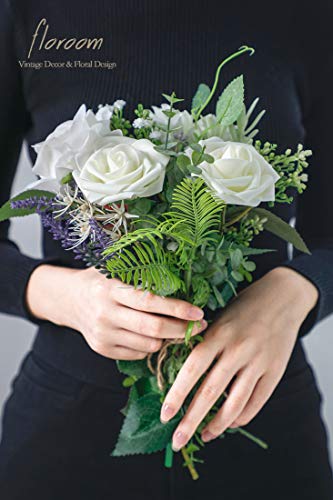 Floroom Artificial Flowers 25pcs Real Looking Ivory Foam Fake Roses with Stems for DIY Wedding Bouquets White Bridal Showe...
