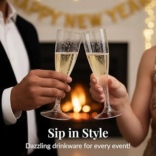 Prestee 100 Pack Clear Plastic Champagne Flutes - 4.5 oz Durable Disposable Champagne Glasses for Parties, Weddings, Toast...